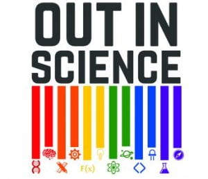 Out in Science logo, bold black text over upside down rainbow bar chart, with various science related icons below the bars