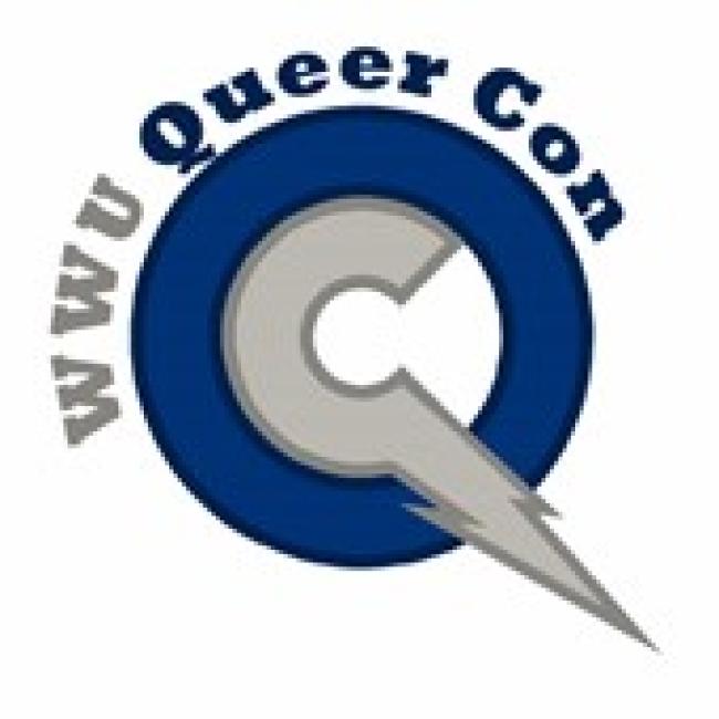 Western Queer Con logo, gray C with lightening bolt leg inside a dark blue circle