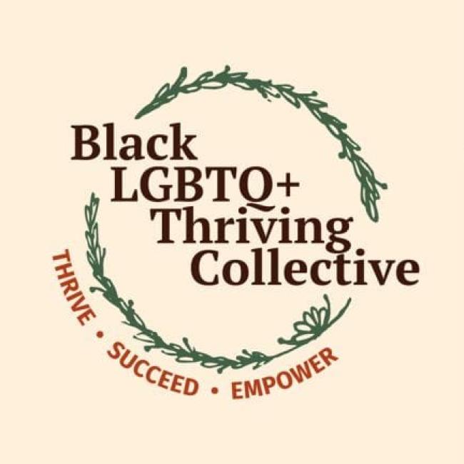 Logo: Black LGBTQ+ Thriving Collection text inside of floral circlet, with "Thrive, Succeed, Empower" in brown text at bottom