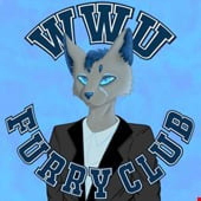 WWU Furry Club, academic style text in a circle over an anthropomorphic gray fox with blue eyes and hair wearing a blazer