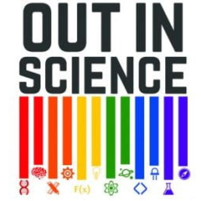 Out in Science logo, bold black text over upside down rainbow bar chart, with various science related icons below the bars