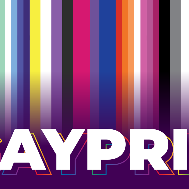 decorative &#039;Gaypril&#039; month banner with white text &#039;Gaypril&#039; on a background of multiple identity pride flags &amp;amp; purple