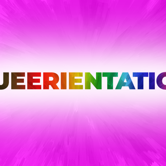 Queerientation in textured rainbow font against pink burst background