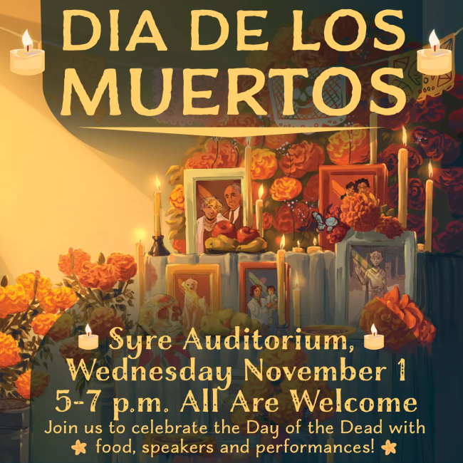 illustrated, decorative event flyer depicting a traditional Dia De Los Muertos altar