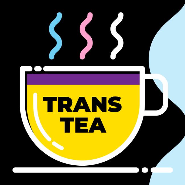 &quot;Trans Tea&quot; bold black text in yellow and purple teacup with pink, blue, and white steam lines