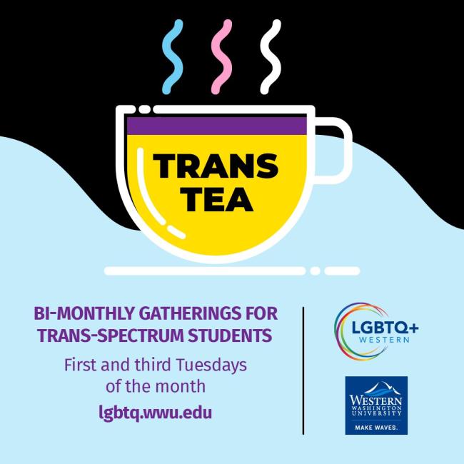 decorative flyer with event details and title around a stylized teacup in trans flag colors. Full image description below.